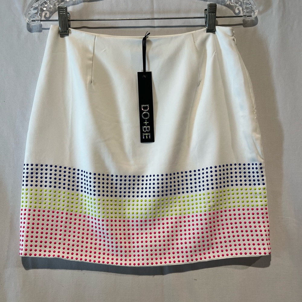 Anthropologie DO+BE White Skirt Pink Lime Green Blue Dots
